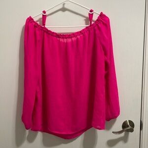 Naked Zebra Womens Pink Top Loose Fitted Cold Shoulders Long Sleeve